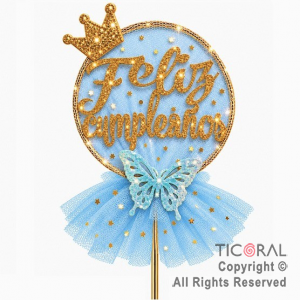 CAKE TOPPER FELIZ CUMPLEA�OS CIRCULO ORO CON TUL CELESTE